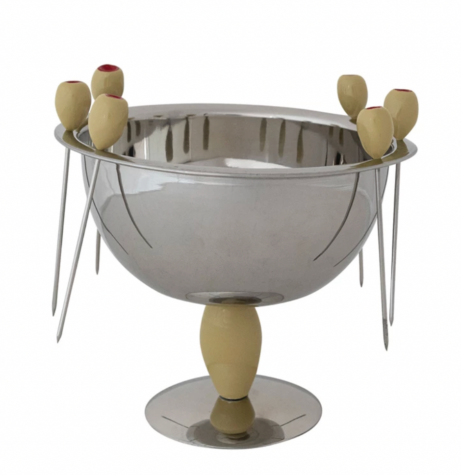 Footed Bowl w/ Olive Shaped Appetizer Picks on Rim - Maaribu