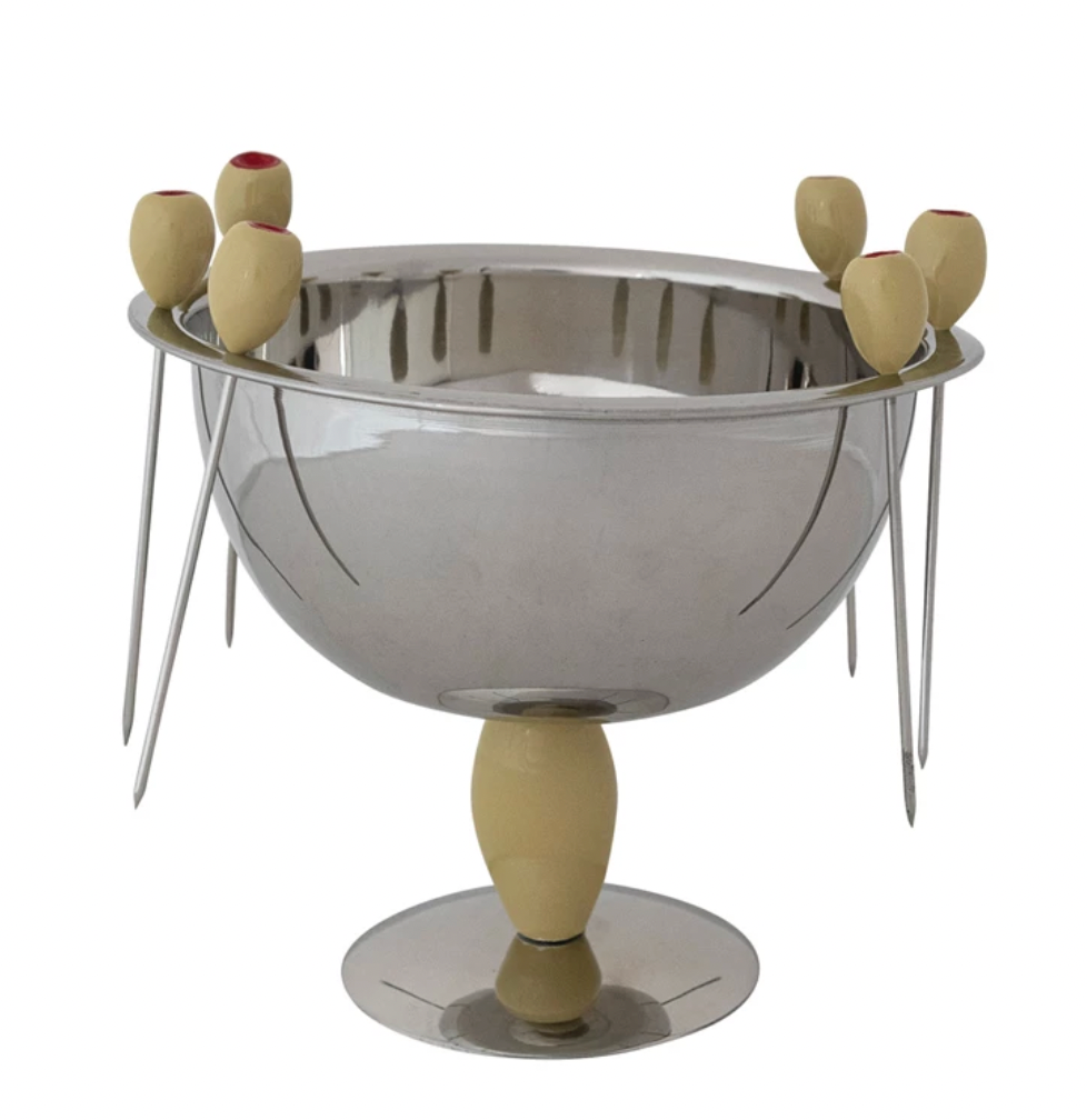 Footed Bowl w/ Olive Shaped Appetizer Picks on Rim - Maaribu