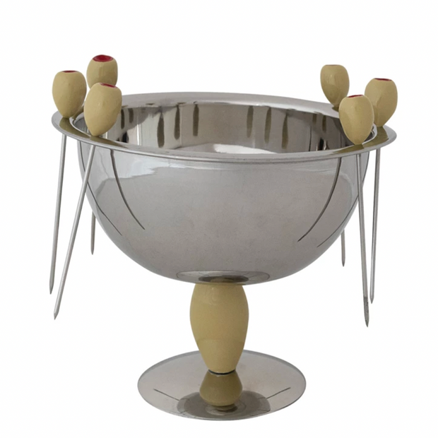 Footed Bowl w/ Olive Shaped Appetizer Picks on Rim - Maaribu