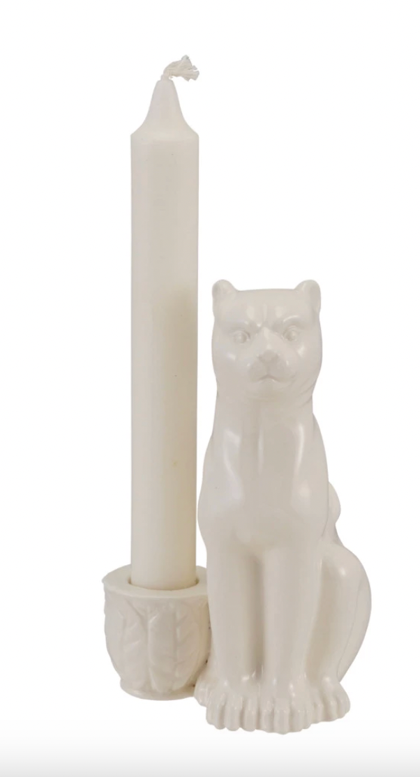 White Stoneware Taper Holder w/ Leopard - Maaribu