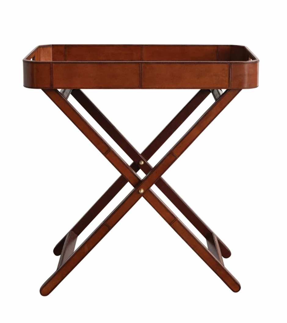 Leather Folding Tray Table w/ Handles & Removable Tray Cognac - Maaribu