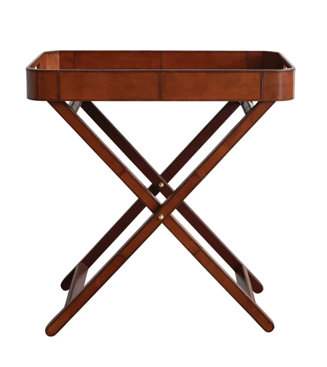 Leather Folding Tray Table w/ Handles & Removable Tray Cognac - Maaribu