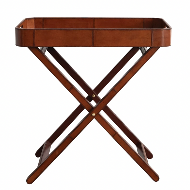 Leather Folding Tray Table w/ Handles & Removable Tray Cognac - Maaribu