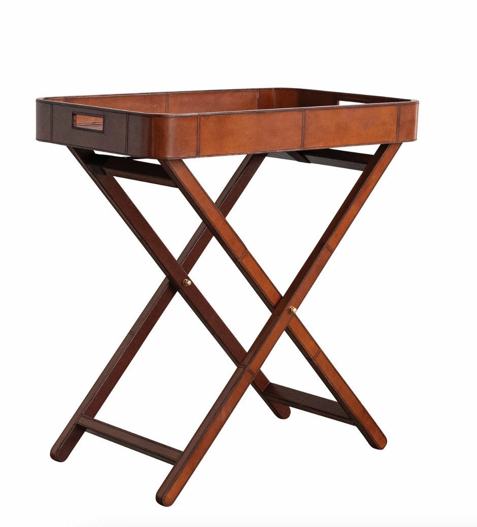 Leather Folding Tray Table w/ Handles & Removable Tray Cognac - Maaribu
