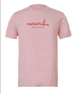 Pink t-shirt with 'maaribu Cafe & Gifts' text on a white background