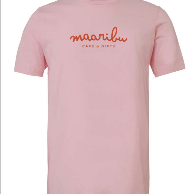 Pink t-shirt with 'maaribu Cafe & Gifts' text on a white background
