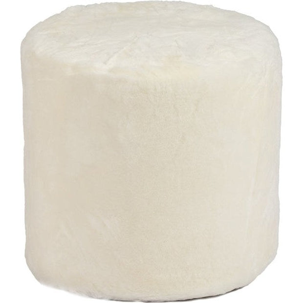 An off-white New Zealand Shorn Sheepskin Pouf with a leather base and a zipper.