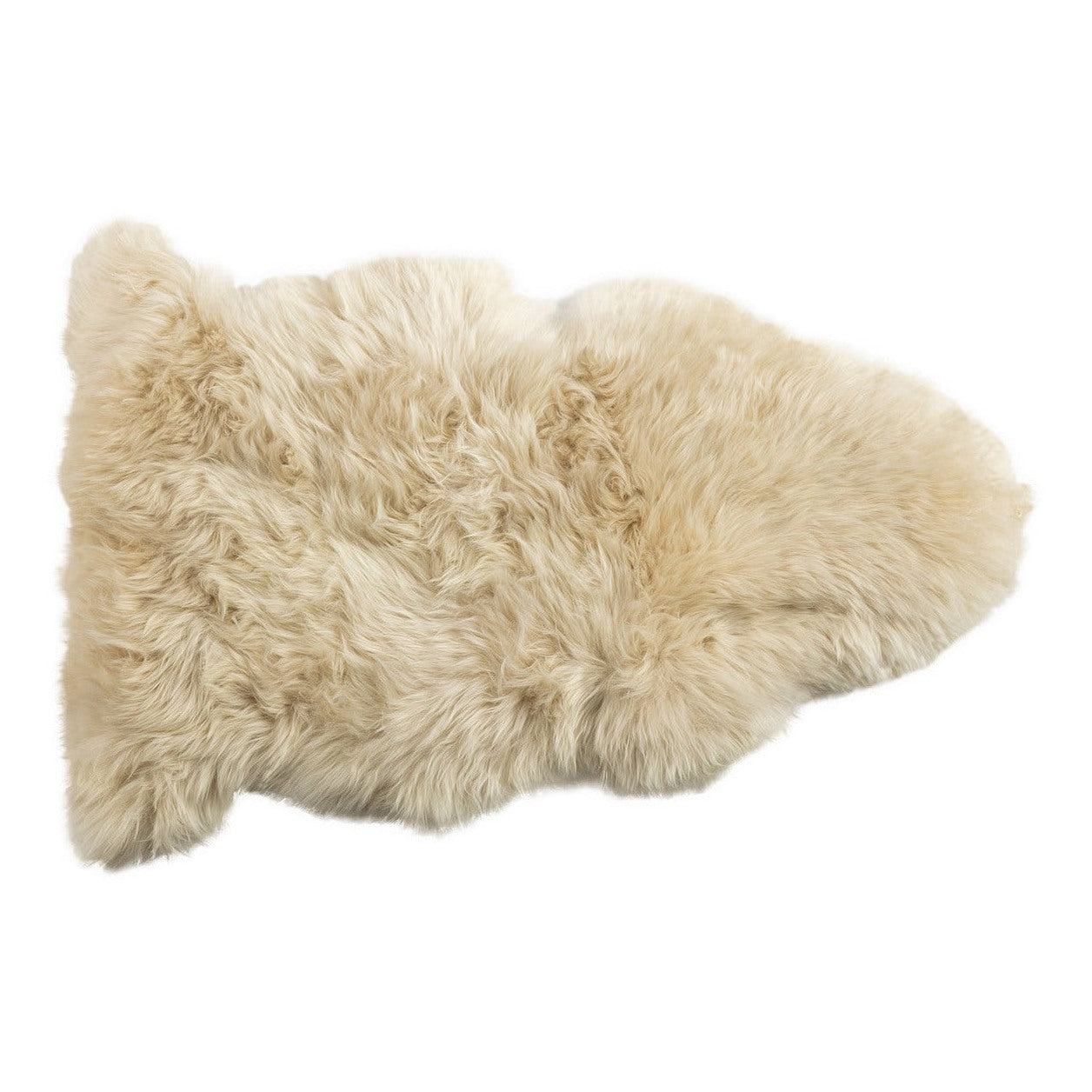 A beige longwool rug with a plush texture, shaped like a rectangle.