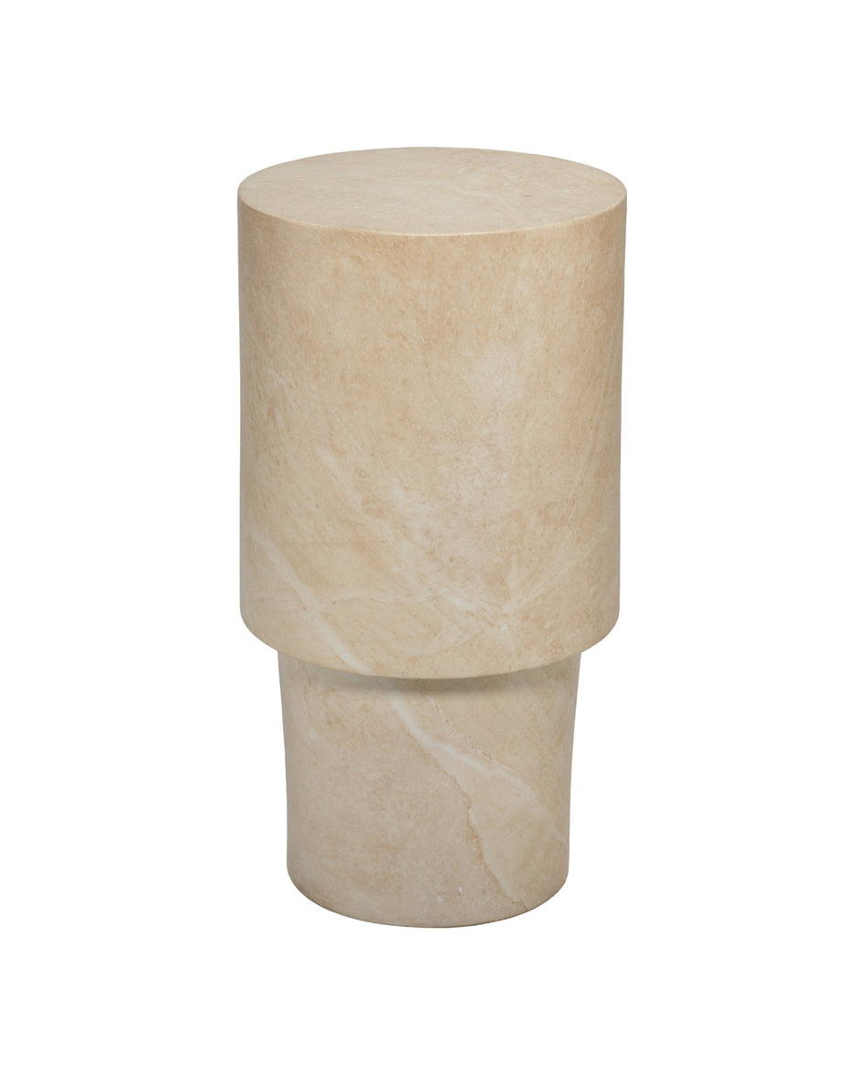 Beige stone cylindrical side table on a white background