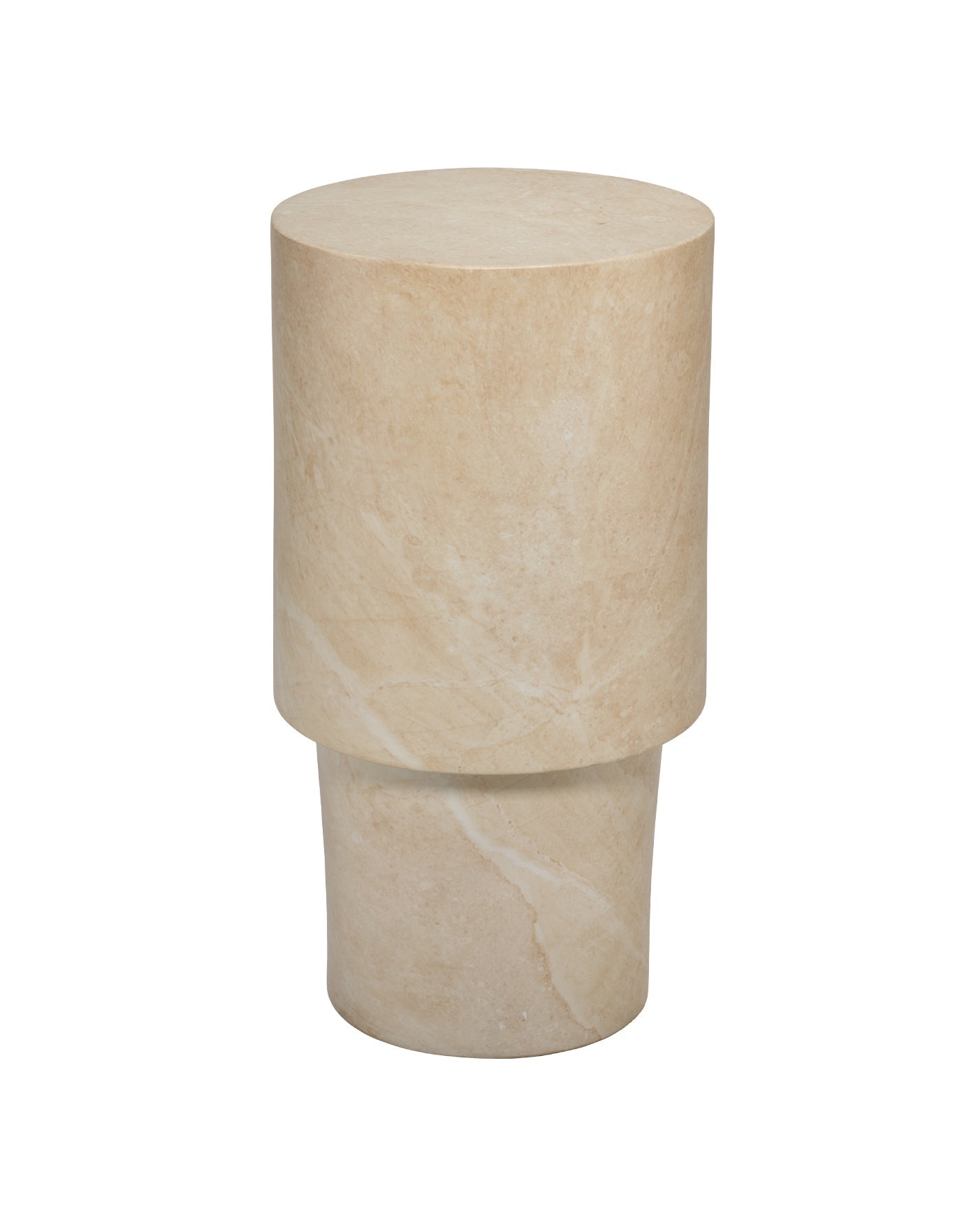 Beige stone cylindrical side table on a white background