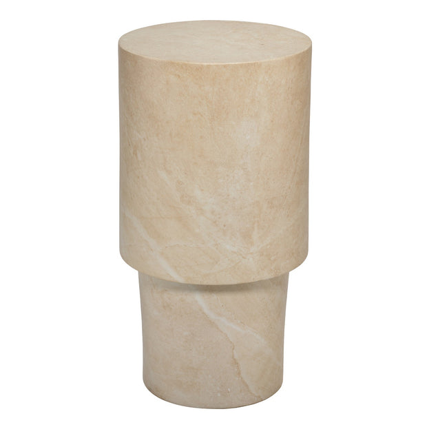 Beige stone cylindrical side table on a white background