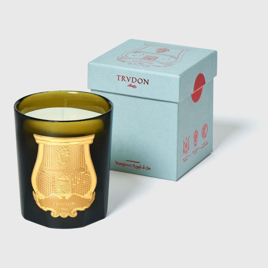 A Trudon brand scented candle with a gold design on the container, alongside its blue packaging box featuring the Trudon logo.