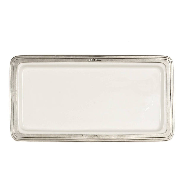 A rectangular platter with a white ceramic body and pewter-colored edges.