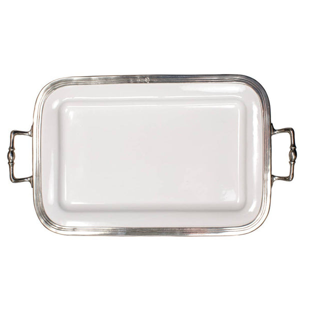 A rectangular ceramic tray with handles, featuring a white body and silver-colored pewter accents.