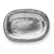 A silver-colored oval-shaped vintage-style small tray, likely made of pewter, with a textured surface and a small emblem in the center.