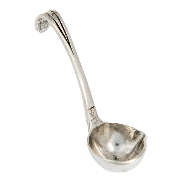 A silver Arte Italica vintage mini ladle with a hook handle, made of Italian pewter.