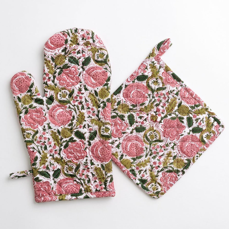 Bohemian Floral Pink & Green Oven Mitt Set/2 - Maaribu