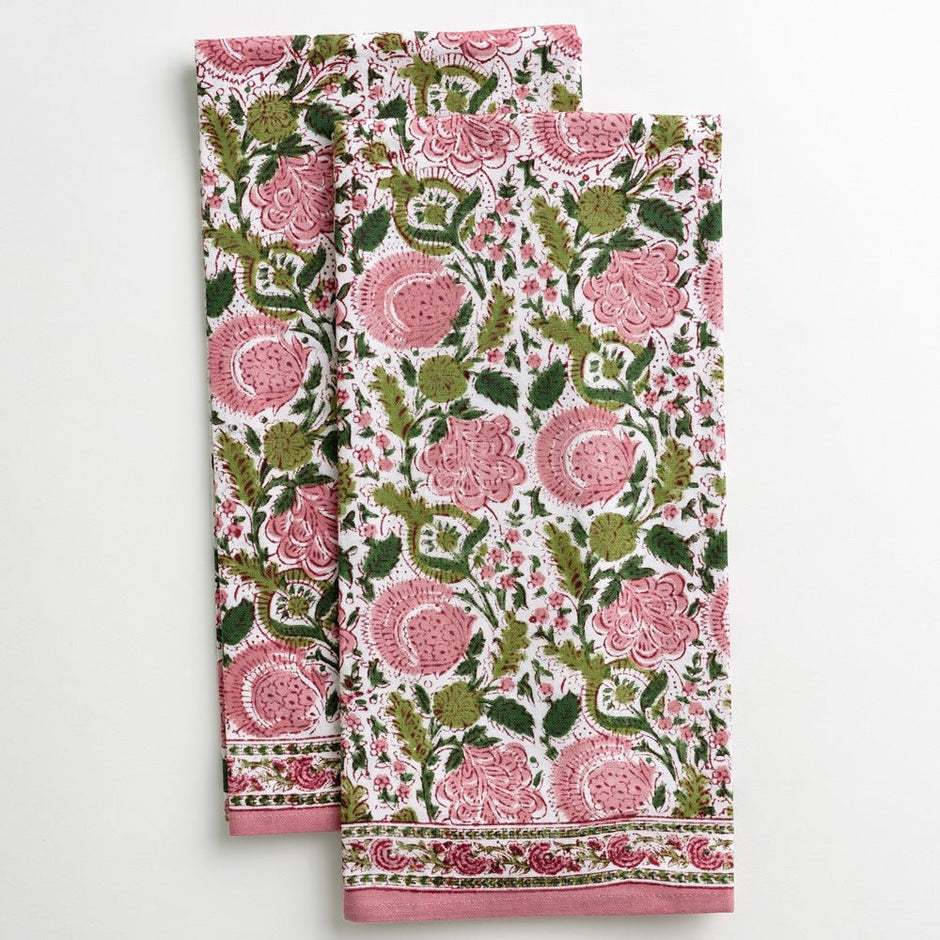 Bohemian Floral Pink & Green Tea Towels Set/2 - Maaribu