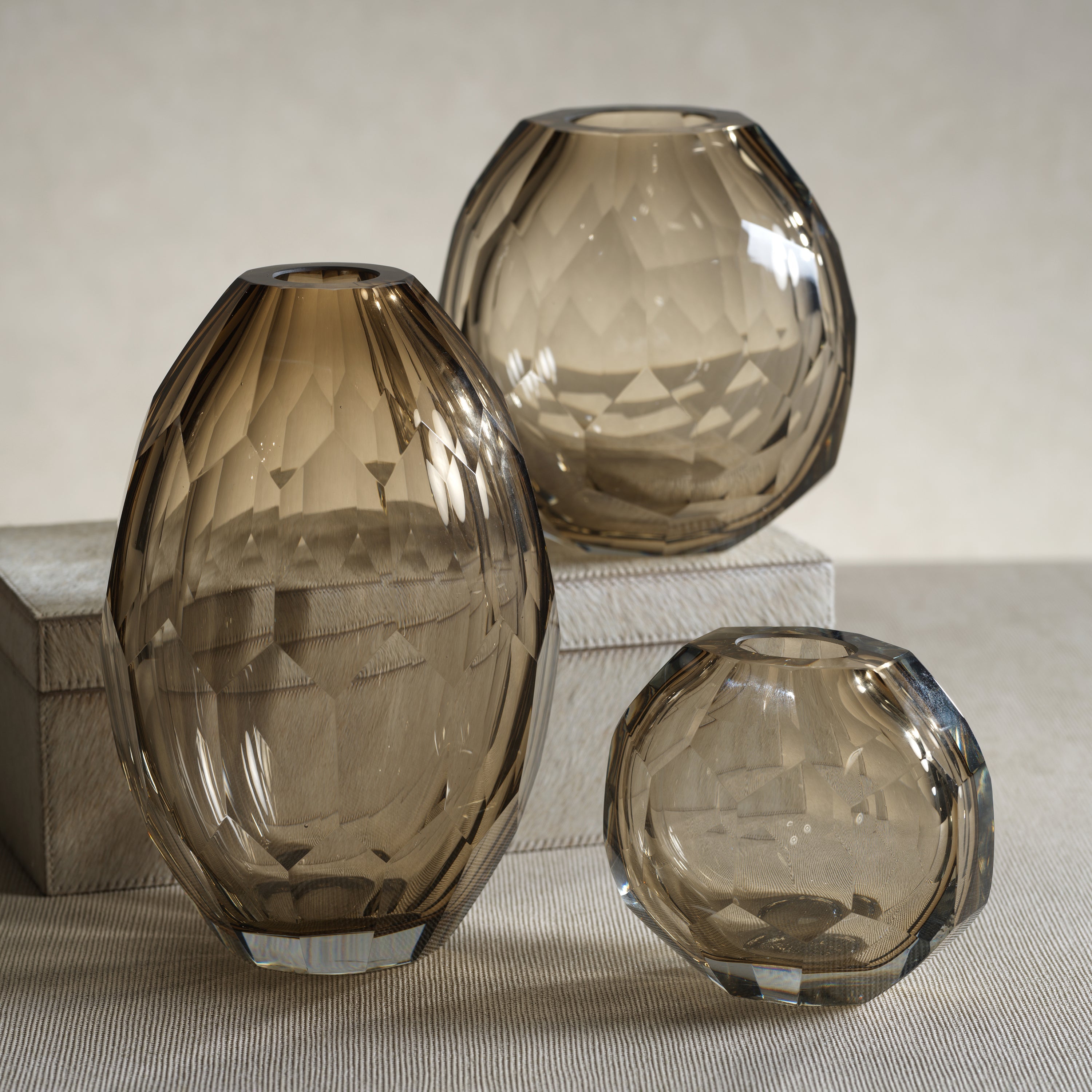 Andermatt cut glass vase, taupe, medium