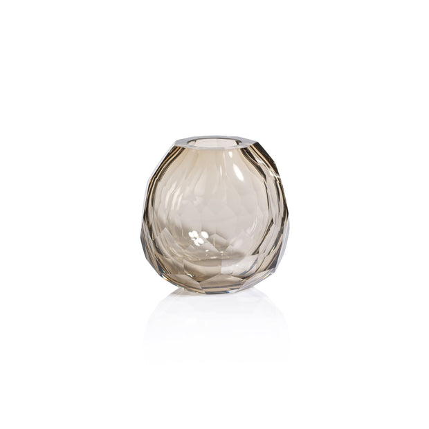 Medium taupe Andermatt cut glass vase by Zodax with intricate geometric patterns and a smooth, polished finish.
