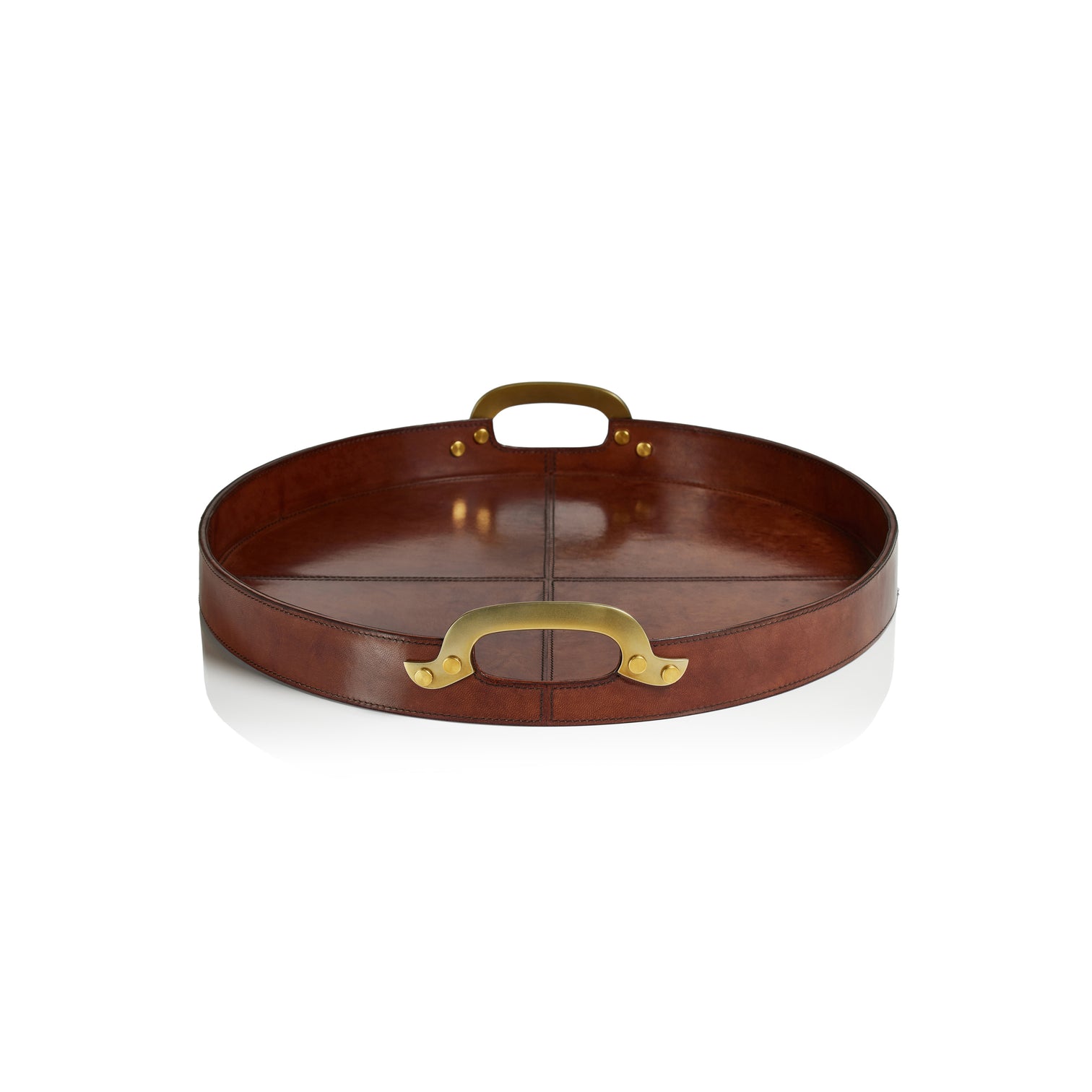 Aspen Leather with Brass Handles Round Tray Small