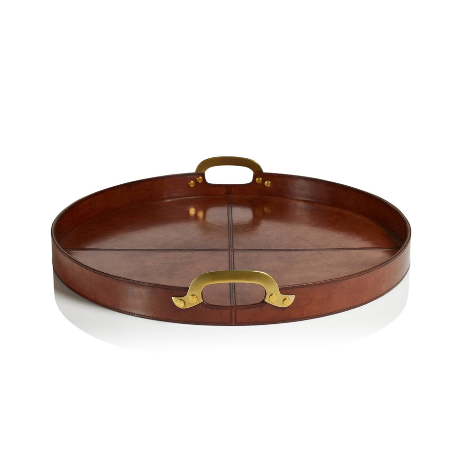 Aspen Leather with Brass Handles Round Tray Large