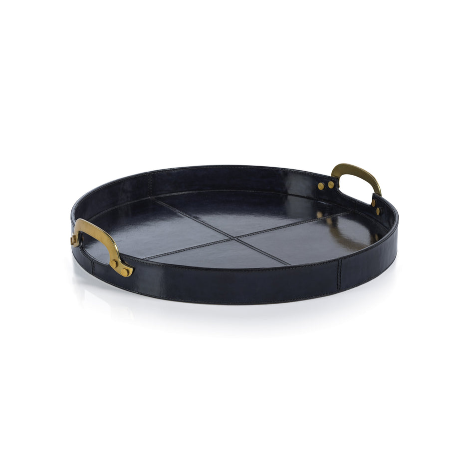 Savoy blue leather round tray with brass handles