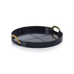Savoy blue leather round tray with brass handles