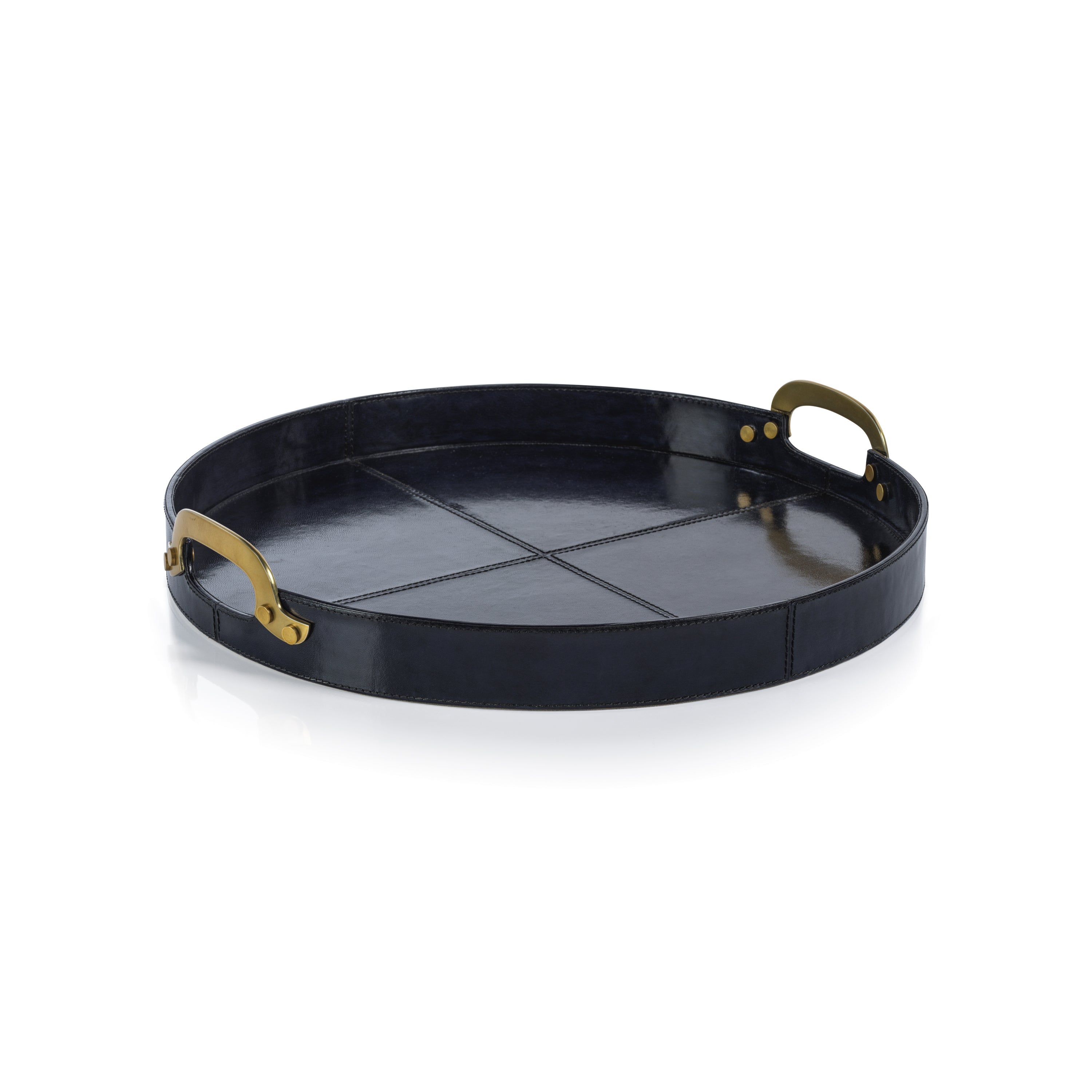 Savoy blue leather round tray with brass handles