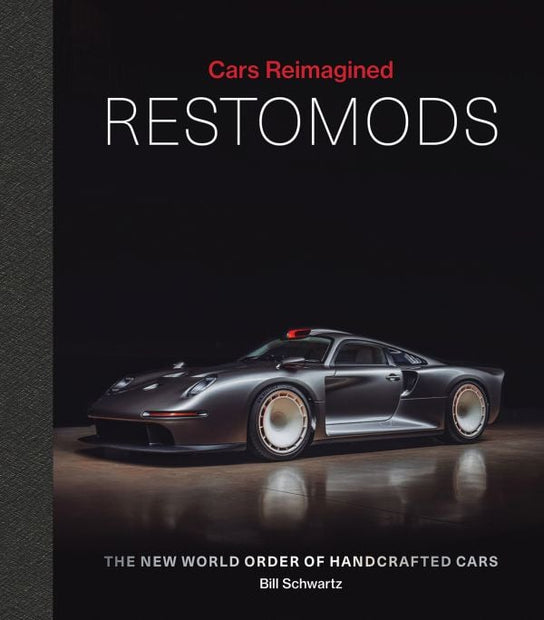 Decor book titled "Restomods: New World Order of Handcrafted Cars" by ACC Publishing, featuring images of custom vintage car restorations.