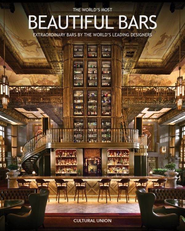 Decor book titled "The World's Most Beautiful Bars" by ACC Publishing, featuring colorful images of elegant bar designs.