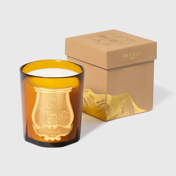 Candle with gold design and matching box on a light gray background