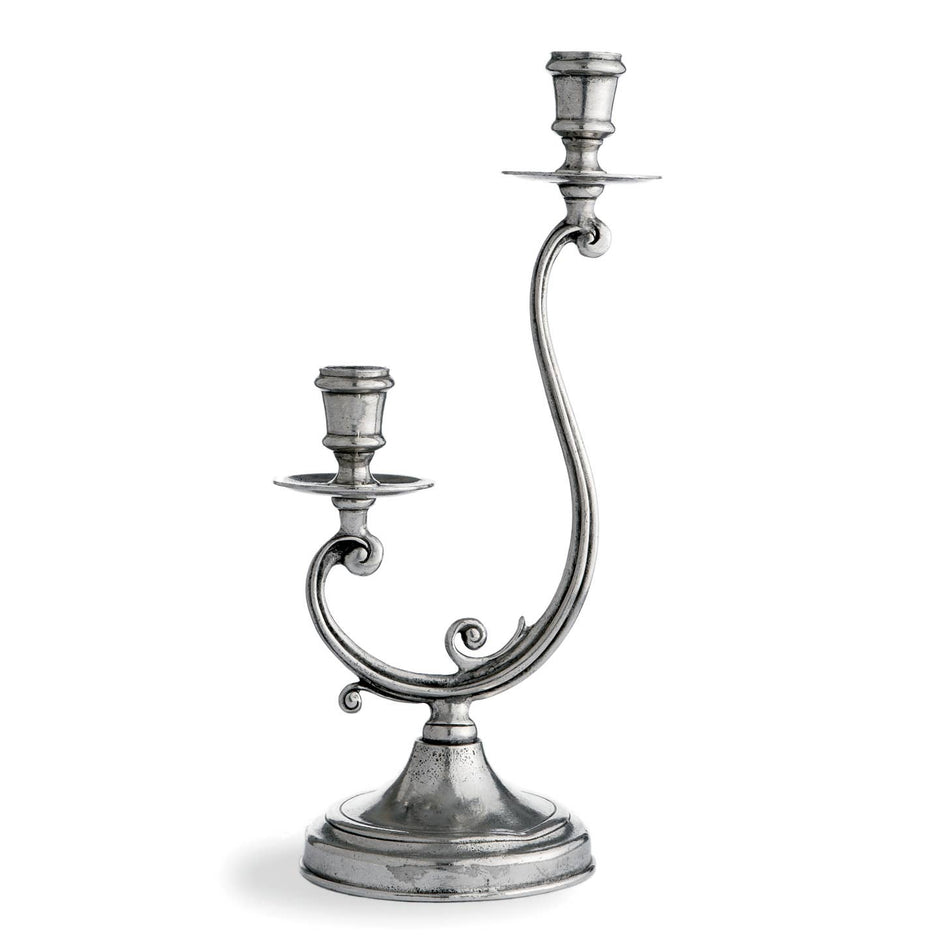 Vintage pewter medium 2-arm candle holders by Arte Italica and Crown Linen Designs, featuring elegant metal candle stands.