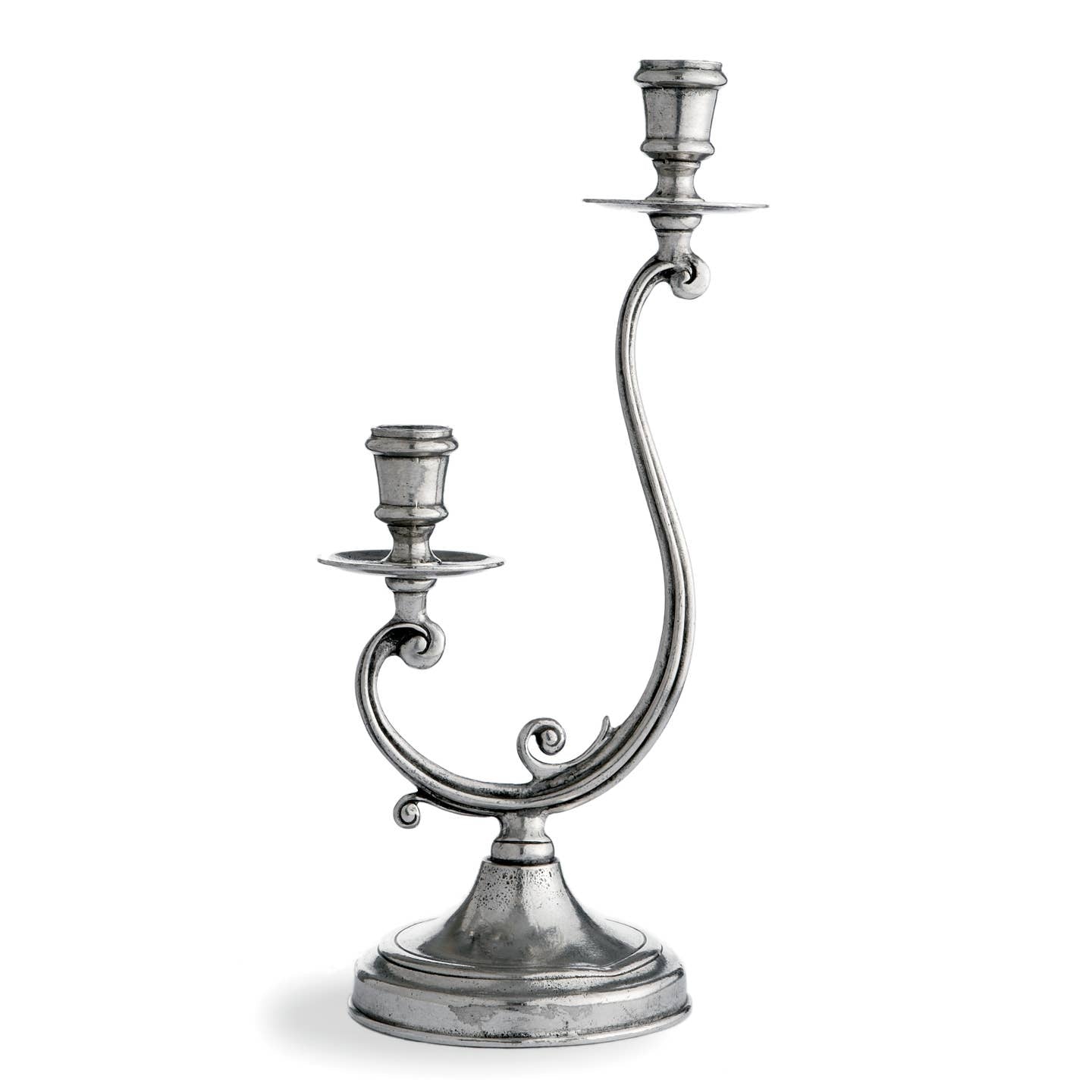 Vintage pewter medium 2-arm candle holders by Arte Italica and Crown Linen Designs, featuring elegant metal candle stands.