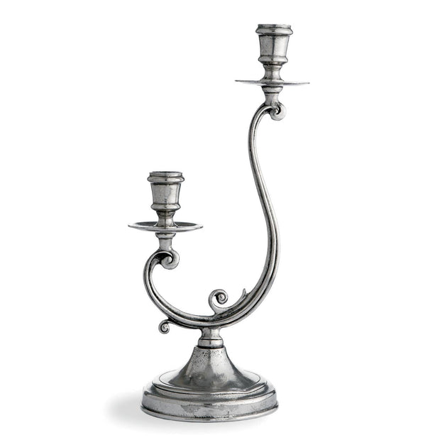 Vintage pewter medium 2-arm candle holders by Arte Italica and Crown Linen Designs, featuring elegant metal candle stands.