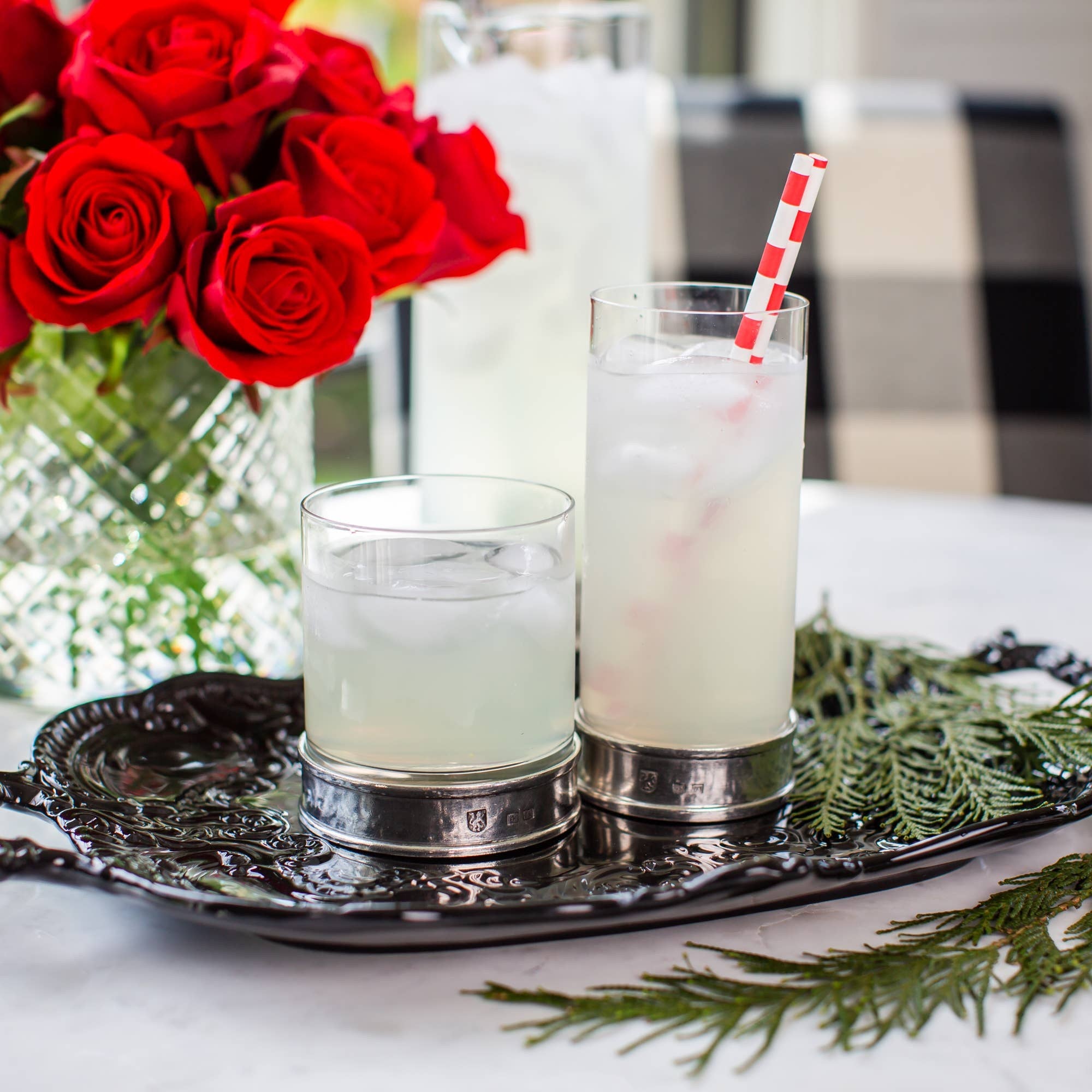 Arte Italica and Crown Linen Designs Portofino Double Old Fashioned glassware, clear glass with elegant design details.