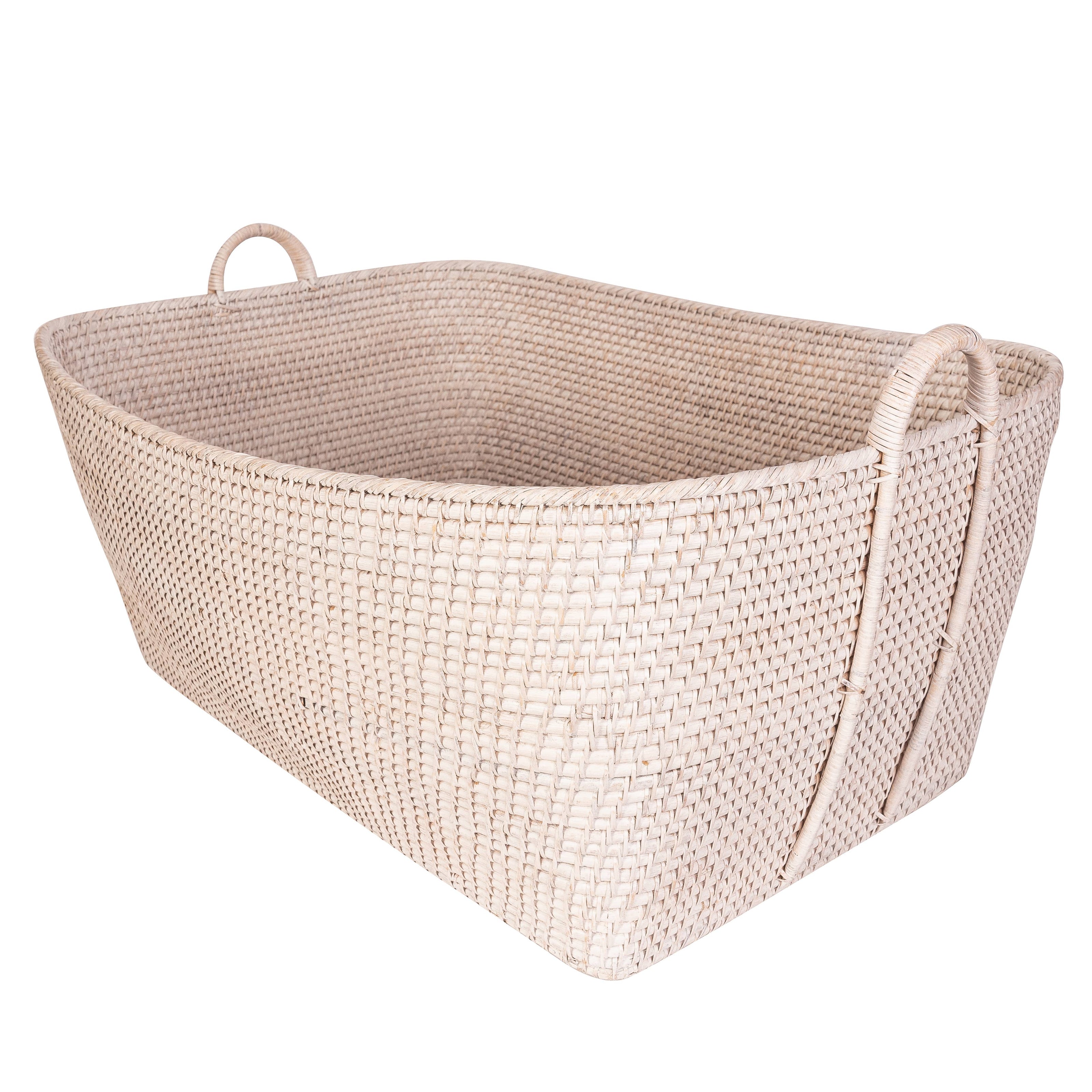 Honey brown rattan everything basket with hoop handles, versatile storage container by Artifacts Trading Company.