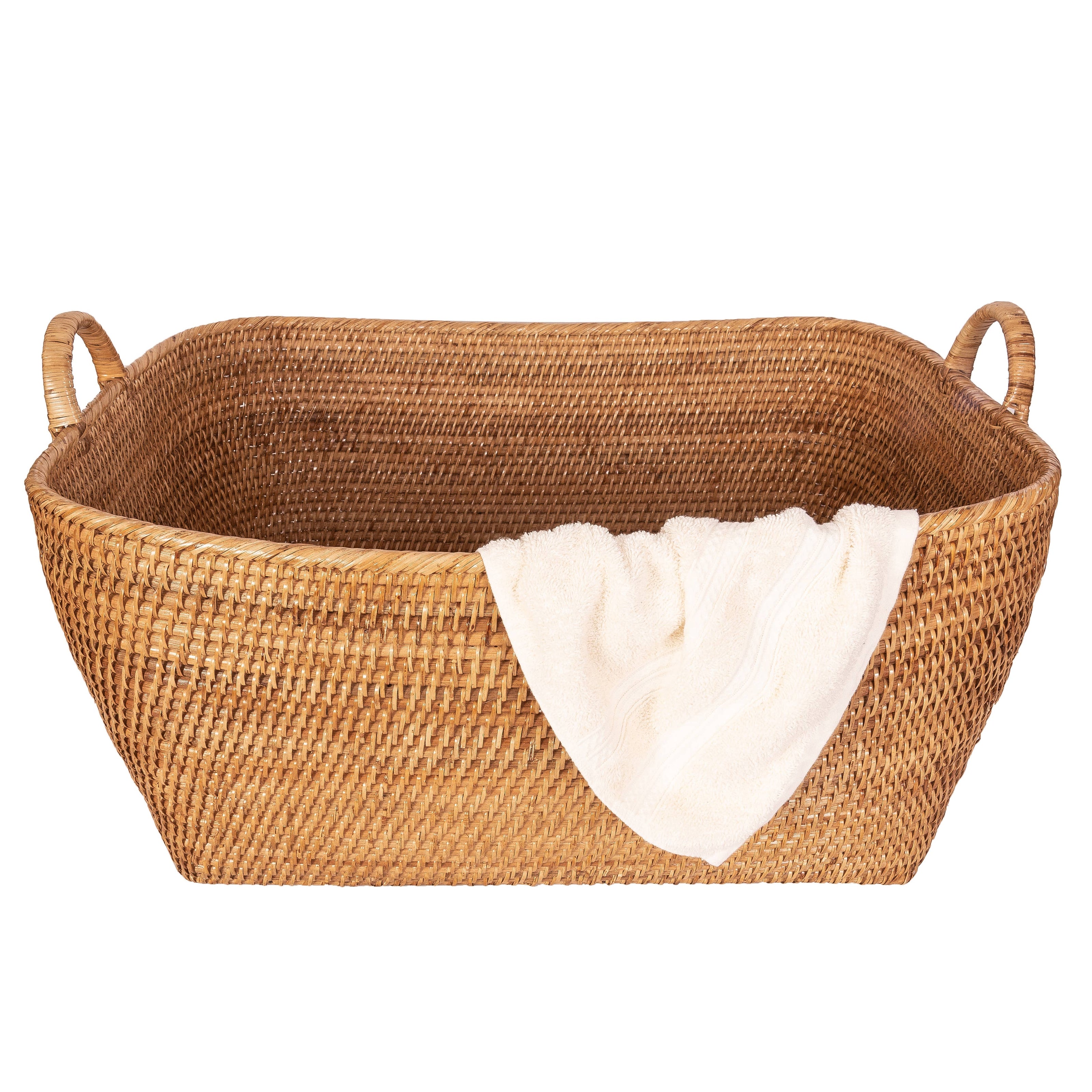 Honey brown rattan everything basket with hoop handles by Artifacts Trading Company, perfect for storage and organization.