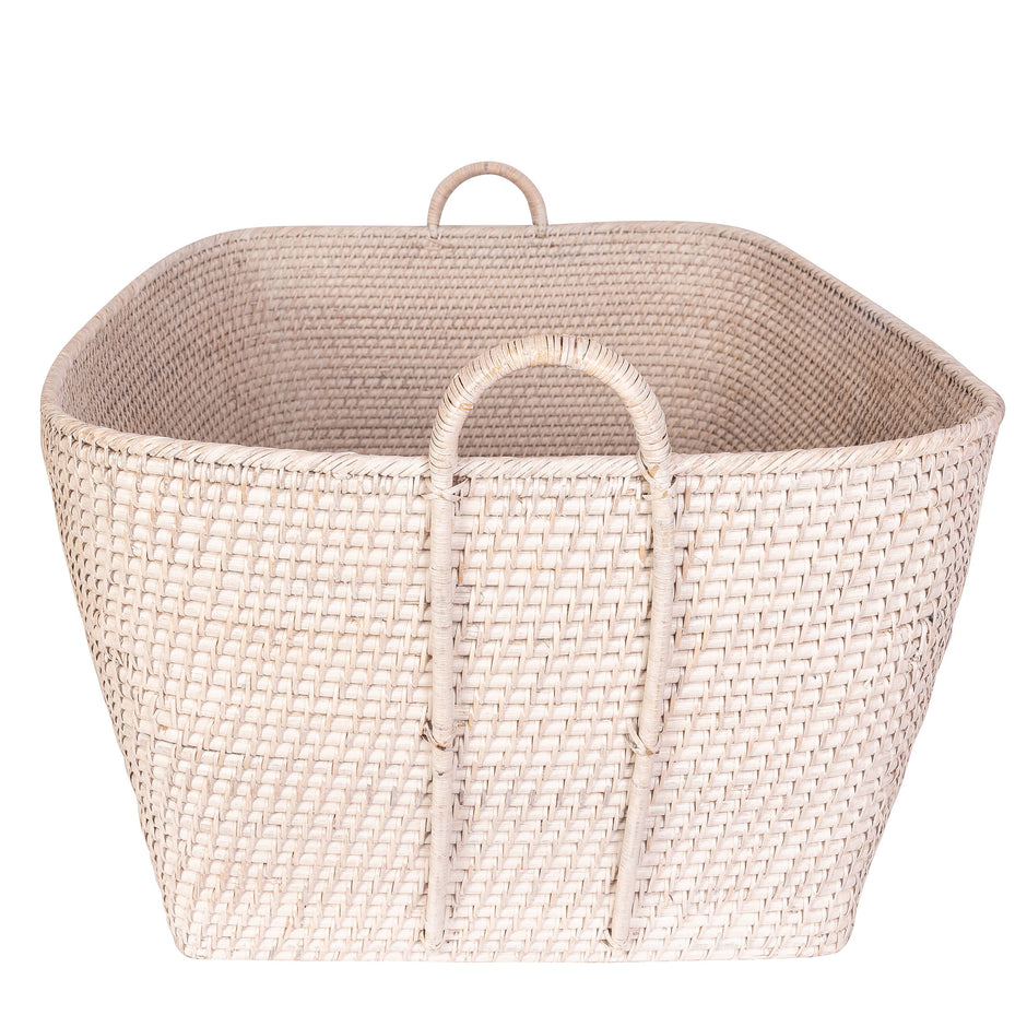 Honey brown rattan everything basket with hoop handles from Artifacts Trading Company, ideal for storage and organization.