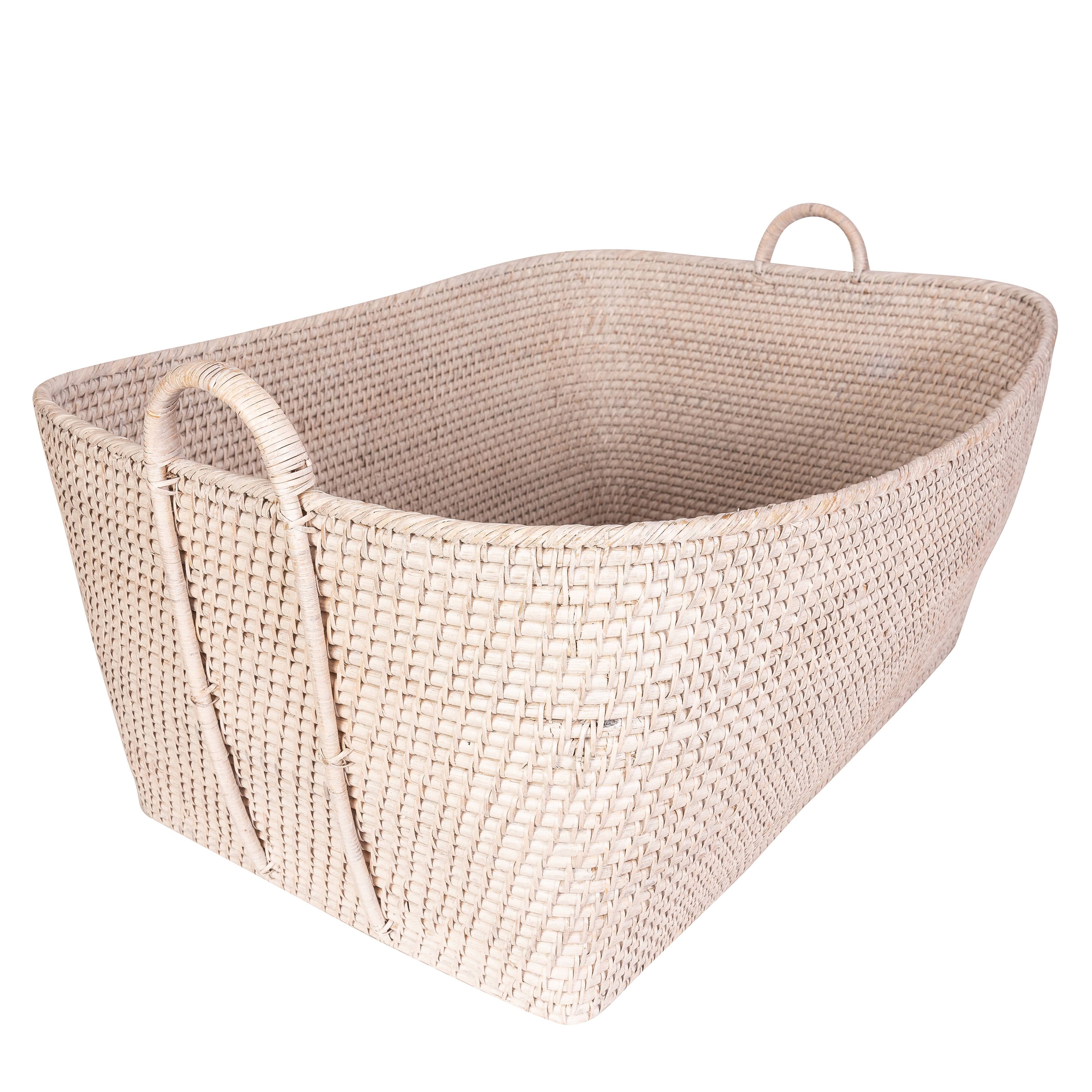 Honey brown rattan everything basket with hoop handles, crafted by Artifacts Trading Company for versatile storage.