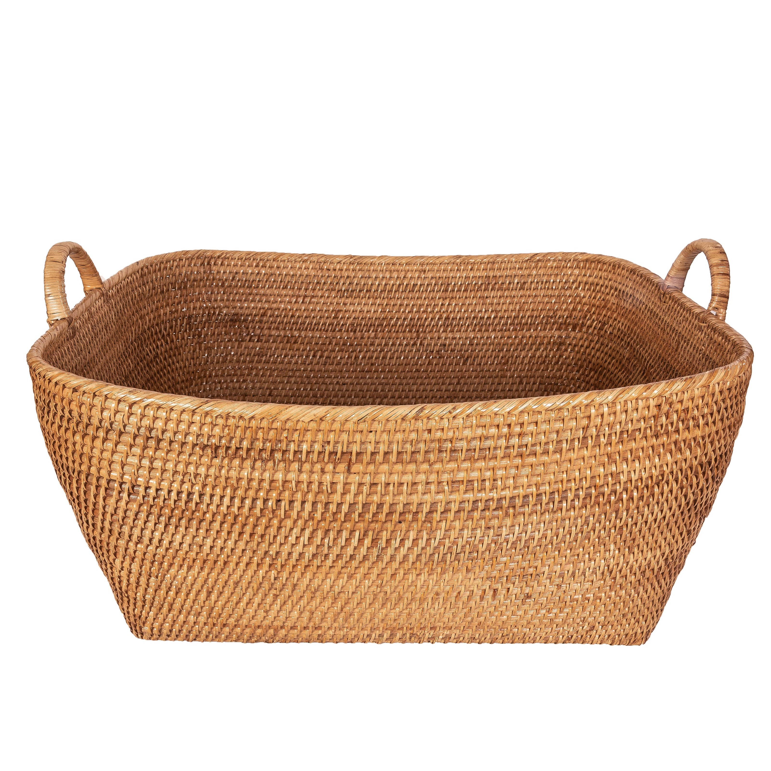 Honey brown rattan everything basket with hoop handles, crafted by Artifacts Trading Company, perfect for storage and organization.