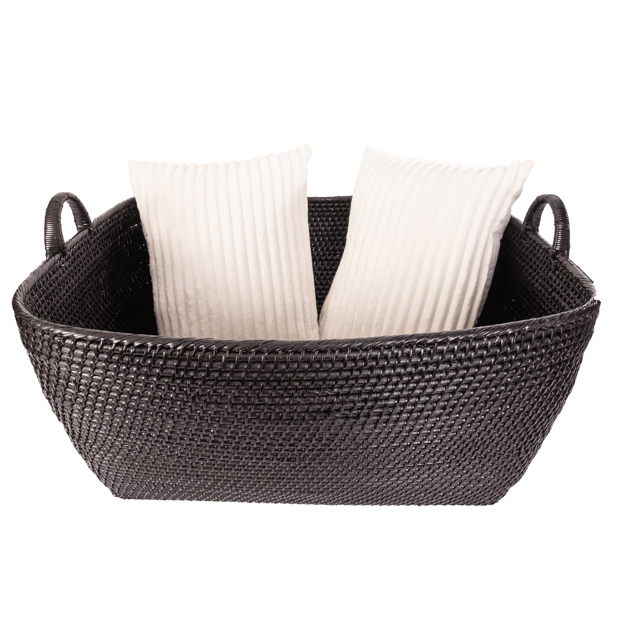 Honey brown rattan everything basket with hoop handles by Artifacts Trading Company, featuring a sturdy woven design and versatile use.