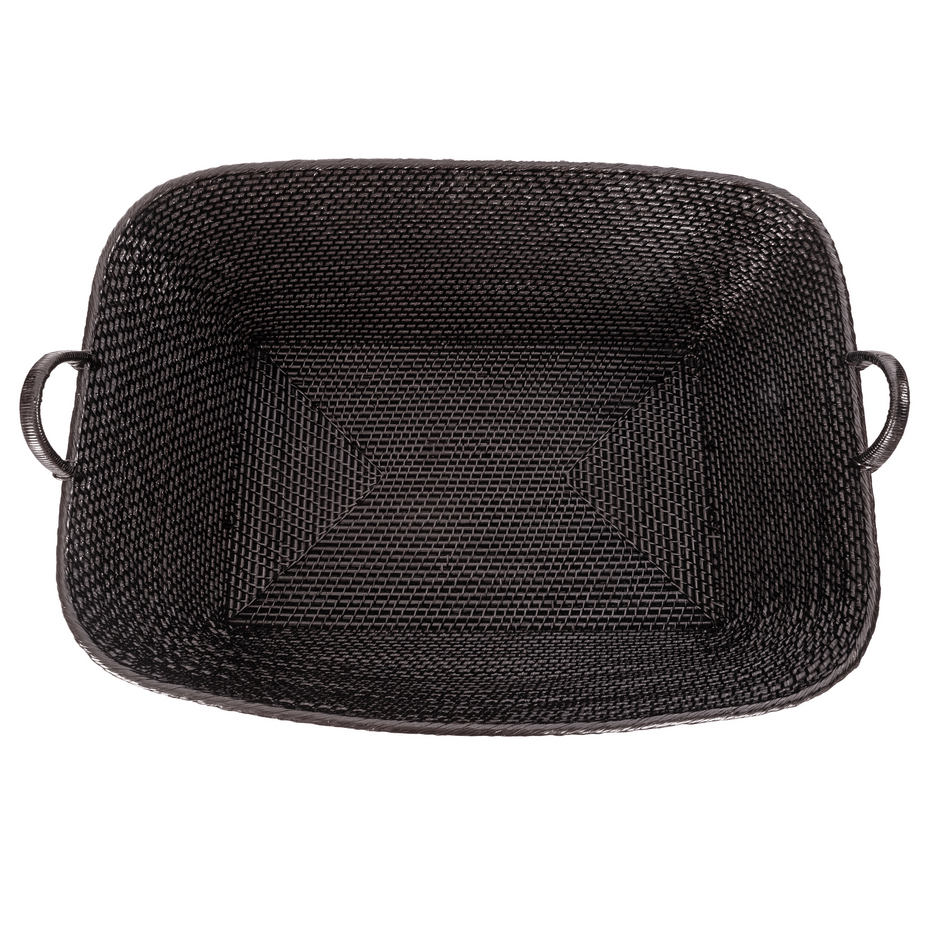 Honey brown rattan everything basket with hoop handles, handcrafted by Artifacts Trading Company for versatile storage.