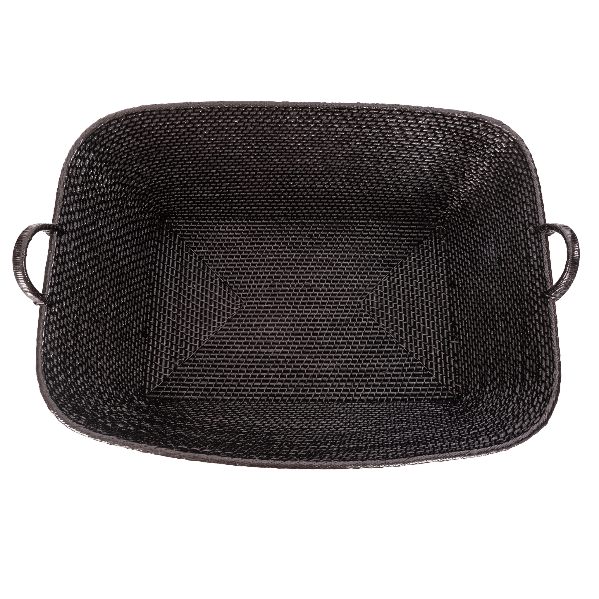 Honey brown rattan everything basket with hoop handles, handcrafted by Artifacts Trading Company for versatile storage.