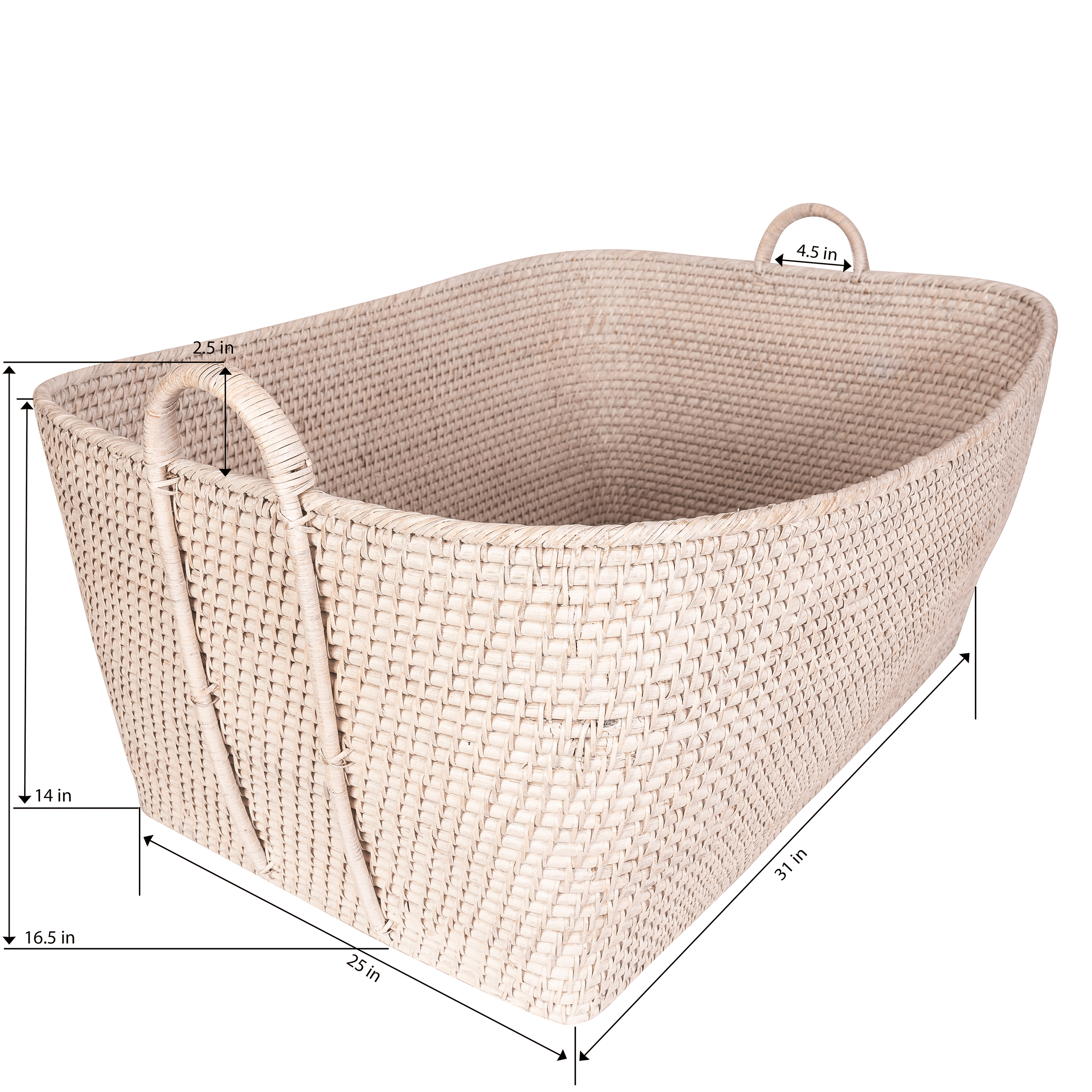 Honey brown rattan everything basket with hoop handles by Artifacts Trading Company, featuring a sturdy woven design and rounded shape.