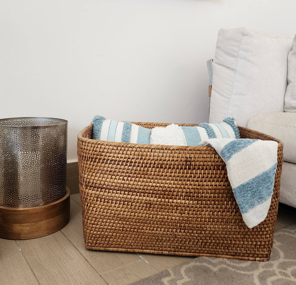 Artifacts Rattan Saboga family basket with cutout handle, woven rattan storage basket for home organization.