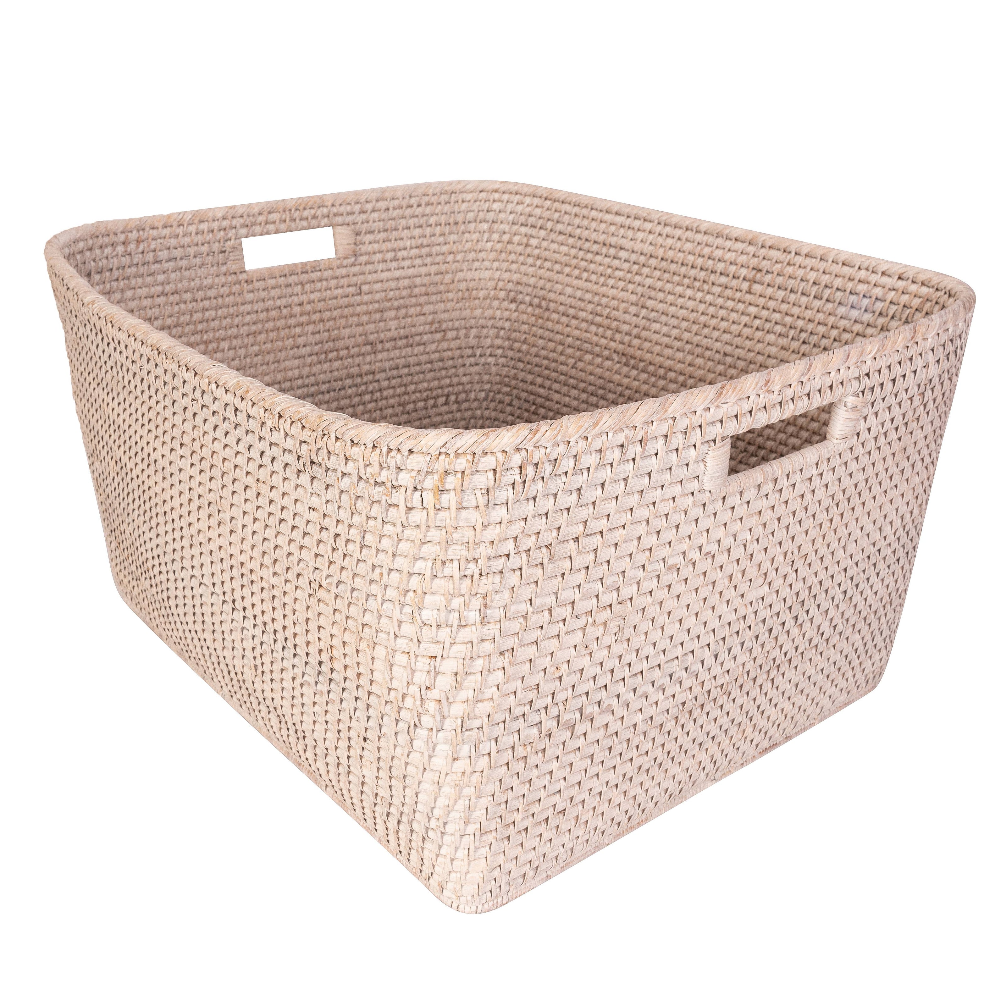 Artifacts Rattan Saboga home family basket with cutout handle, handcrafted woven rattan storage basket.
