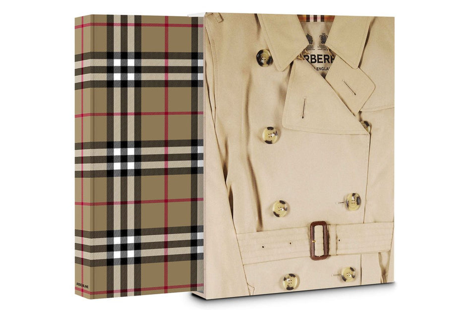 Assouline Burberry decor book featuring iconic fashion and design images, displayed on a clean, elegant surface.