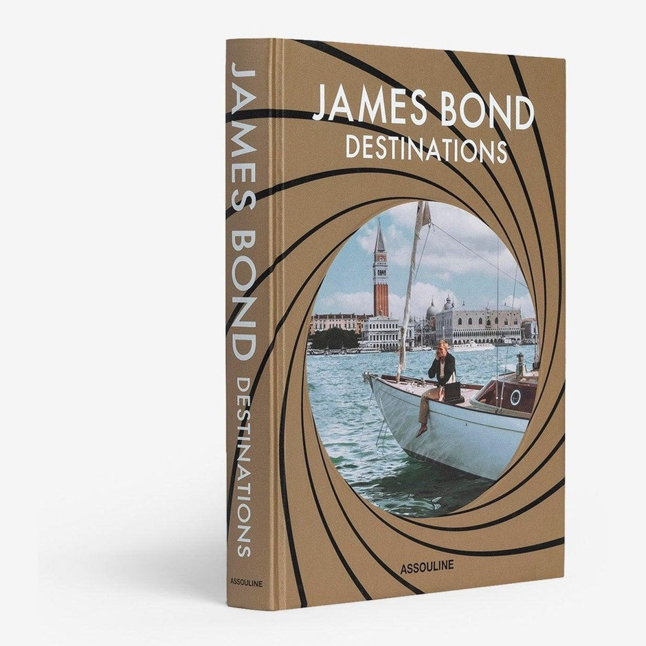 Assouline James Bond Destinations decor book showing elegant cover with images of iconic locations from the James Bond series