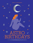 Book cover of 'Astro Birthdays' by Stella Andromeda with astrological symbols and a silhouette of a woman.